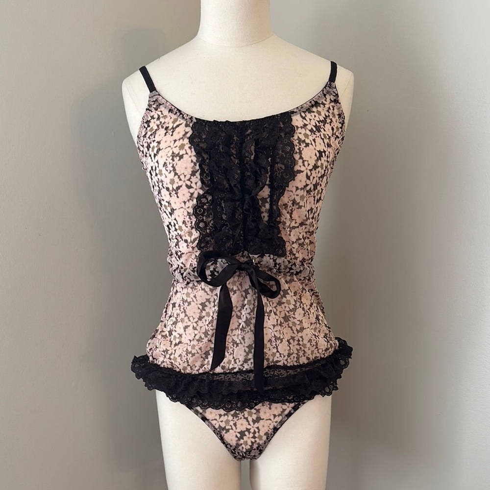 Blush Pink and Brown Floral Lace Cami + Thong 2 Piece Set Size S/M
